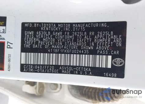 2015 Toyota Camry Se from USA, damaged, VIN 4T1BF1FK6FU024435